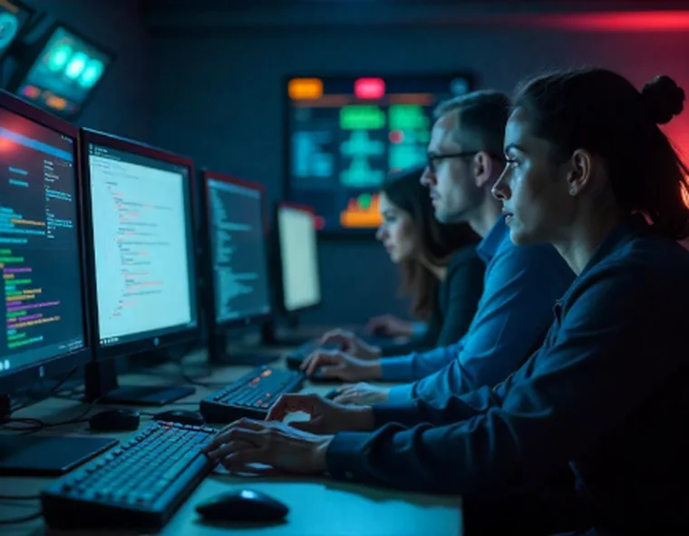 Operadores del centro de operaciones de red trabajando frente a los monitores de supervisión